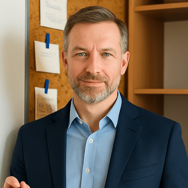 man in office with pin board behind