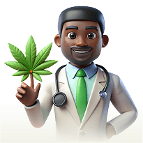 smiling doctor holding cannabis leaf in his hand